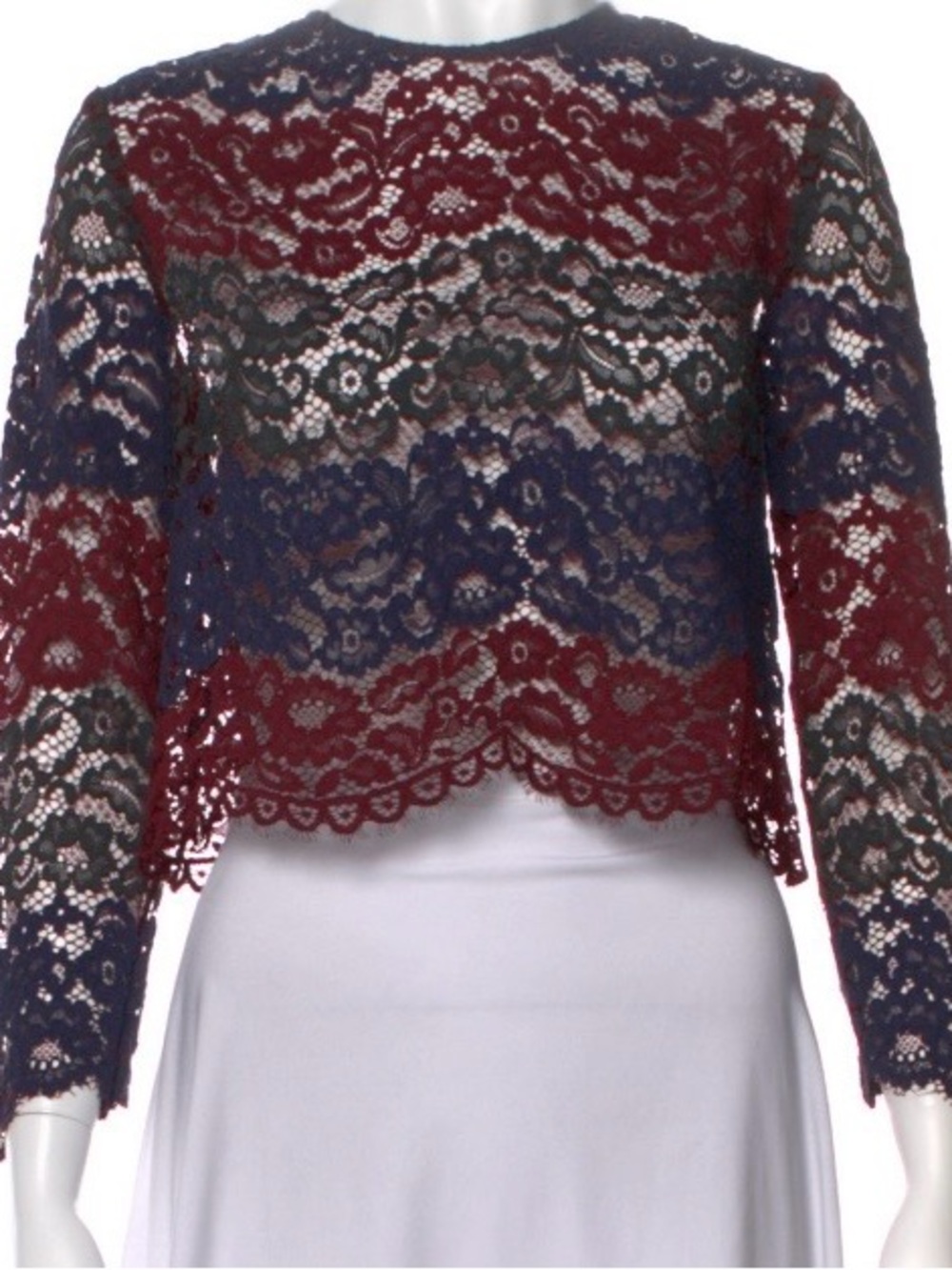 Sandro Burgundy and Navy Floral Lace Long-Sleeve Crop Top, size small